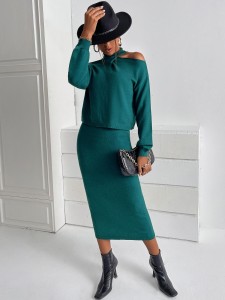 Asymmetrical Neck Drop Shoulder Sweater & Skirt