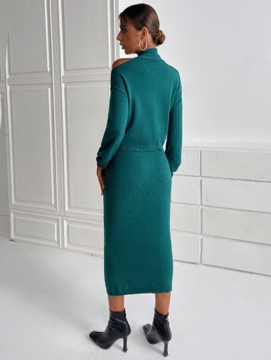 Asymmetrical Neck Drop Shoulder Sweater & Skirt