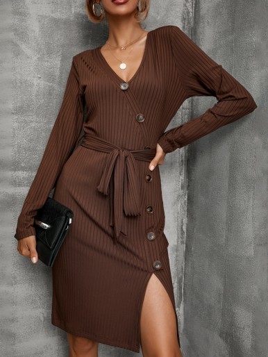 Ribbed Knit Button Belted Dress