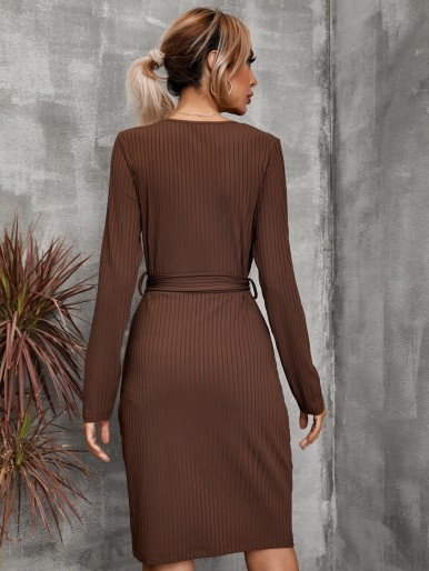 Ribbed Knit Button Belted Dress