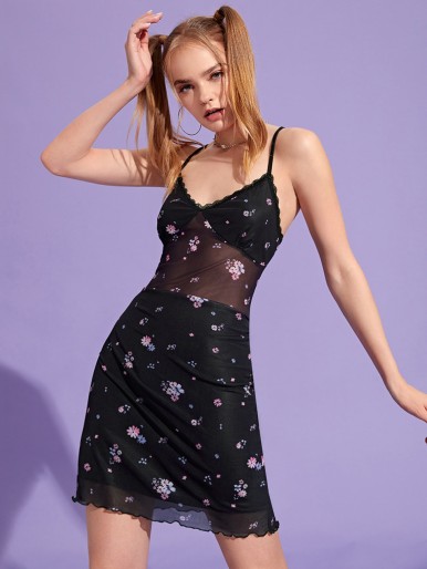 Floral Print Sheer Mesh Cami Dress