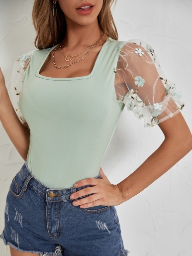 Embroidery Mesh Flounce Sleeve Bodysuit