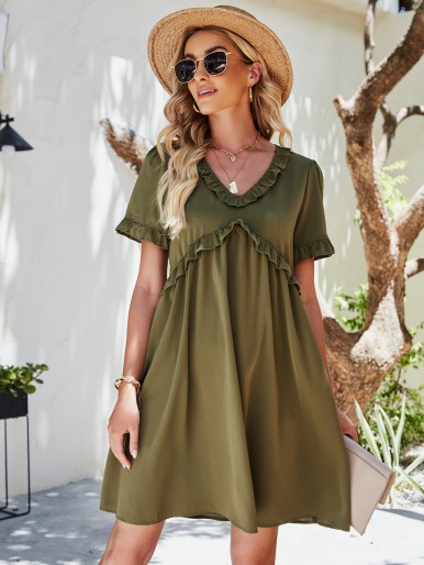 Solid Ruffle Trim Smock Dress