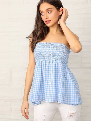 Frilled Trim Single Breasted Shirred Gingham Tube Top