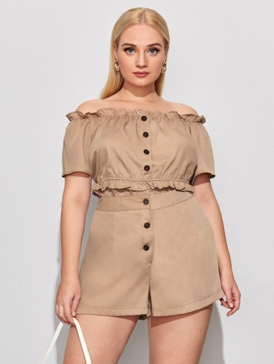 Plus Frill Button Front Top With Shorts