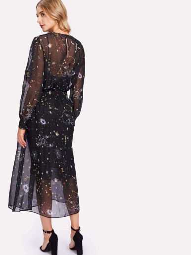 Galaxy Print Mesh Dress With Inner Cami