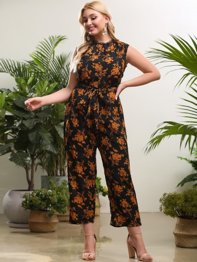 Plus Allover Floral Print Belted Jumpsuit