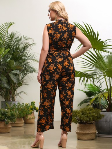 Plus Allover Floral Print Belted Jumpsuit