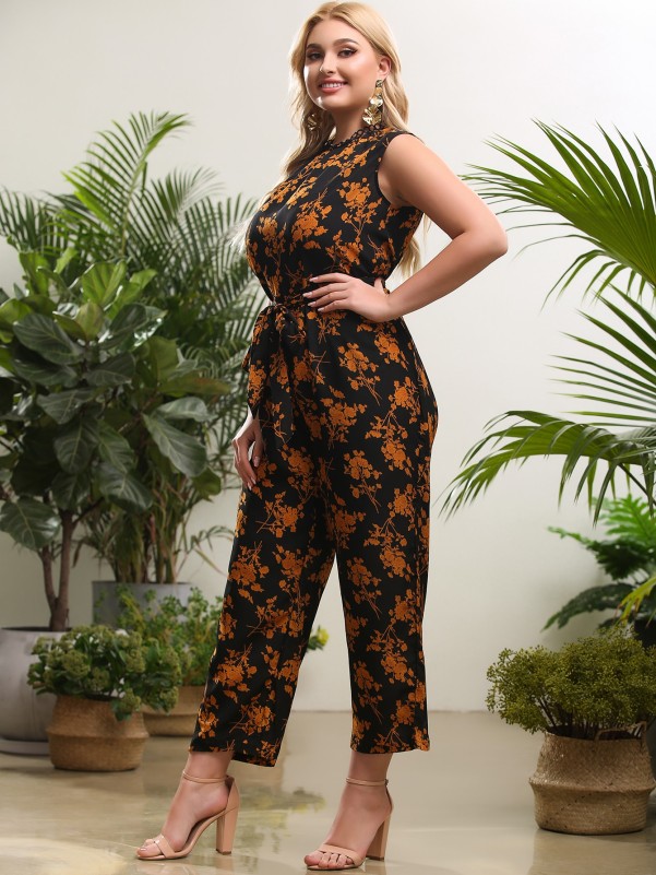 Plus Allover Floral Print Belted Jumpsuit