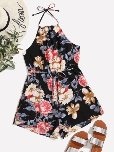 Plus Floral Print Tie Back Halter Romper