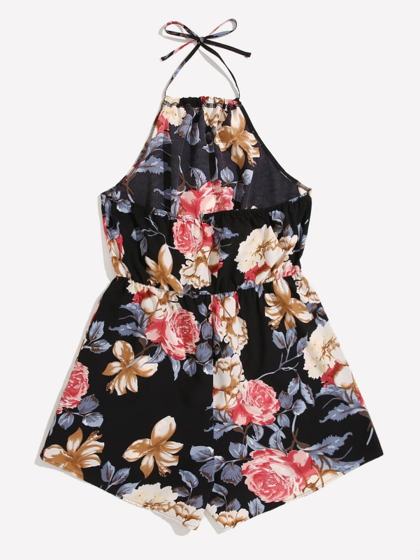 Plus Floral Print Tie Back Halter Romper