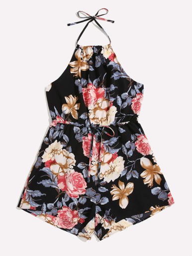 Plus Floral Print Tie Back Halter Romper