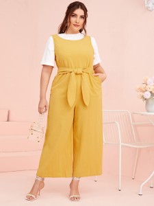 Plus 1PC Sleeveless Self Belted Wide Leg Jumpsuit