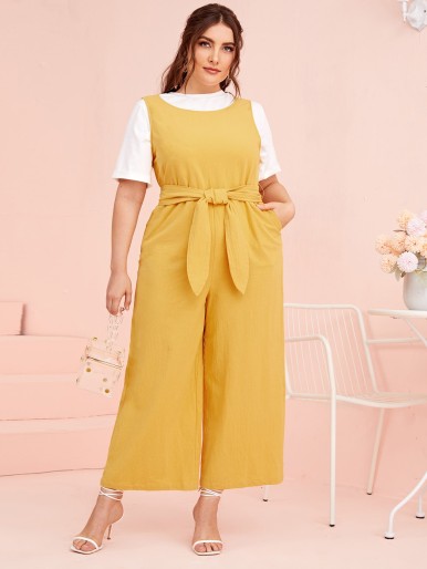 Plus 1PC Sleeveless Self Belted Wide Leg Jumpsuit