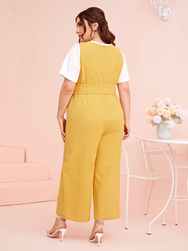 Plus 1PC Sleeveless Self Belted Wide Leg Jumpsuit