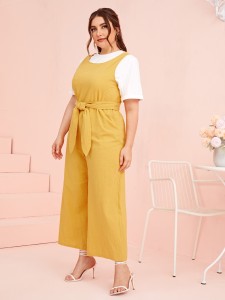 Plus 1PC Sleeveless Self Belted Wide Leg Jumpsuit