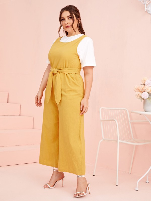 Plus 1PC Sleeveless Self Belted Wide Leg Jumpsuit