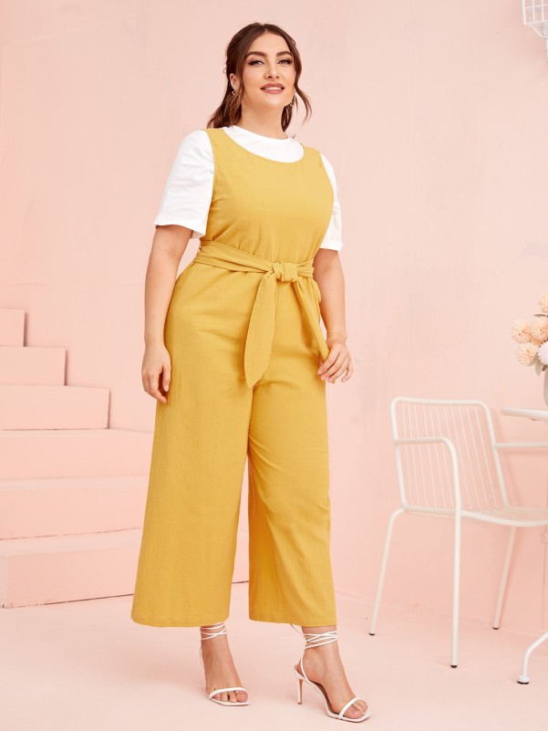 Plus 1PC Sleeveless Self Belted Wide Leg Jumpsuit