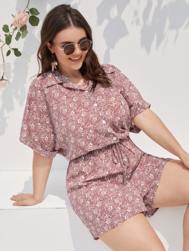 Plus Floral Half Button Knot Shirt Romper