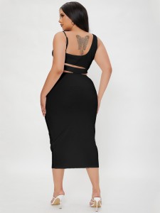 Plus Asymmetrical Neck Crop Top With Pencil Skirt