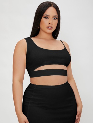 Plus Asymmetrical Neck Crop Top With Pencil Skirt