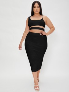 Plus Asymmetrical Neck Crop Top With Pencil Skirt