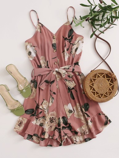 Plus Floral Print Belted Ruffled Cami Romper