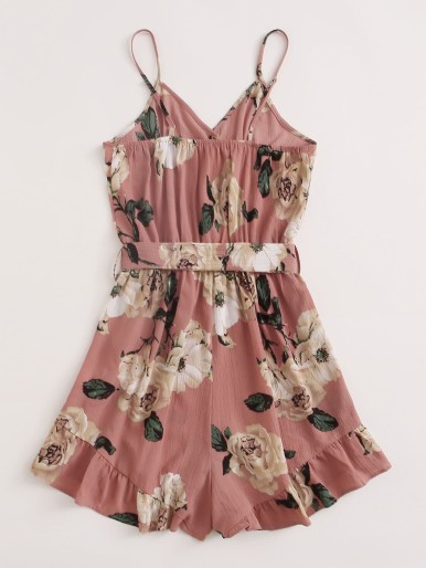 Plus Floral Print Belted Ruffled Cami Romper