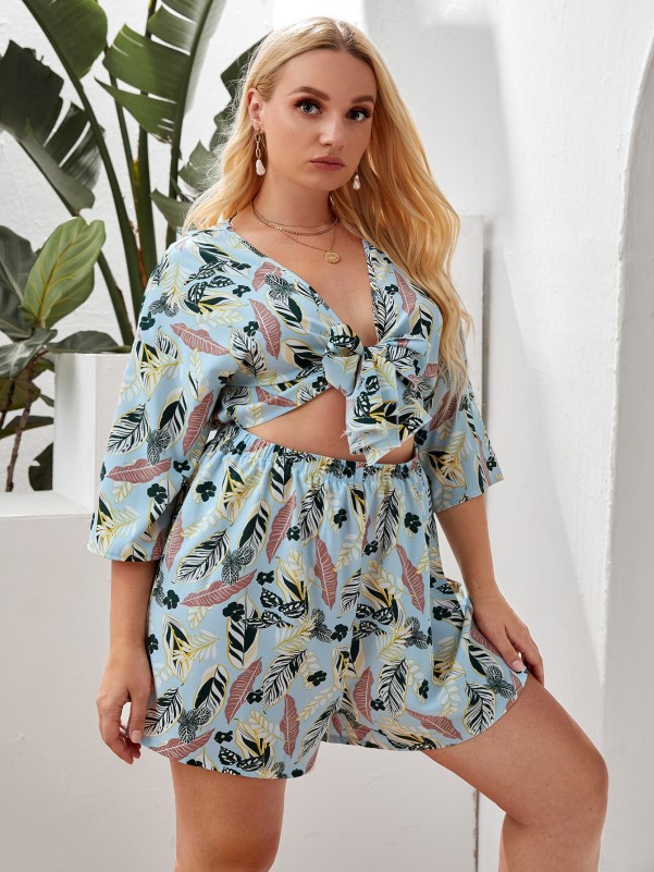 Plus Tropical Print Tie Front Cut Out Romper