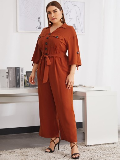 Plus Roll Tab Sleeve Flap Pocket Belted Jumpsuit