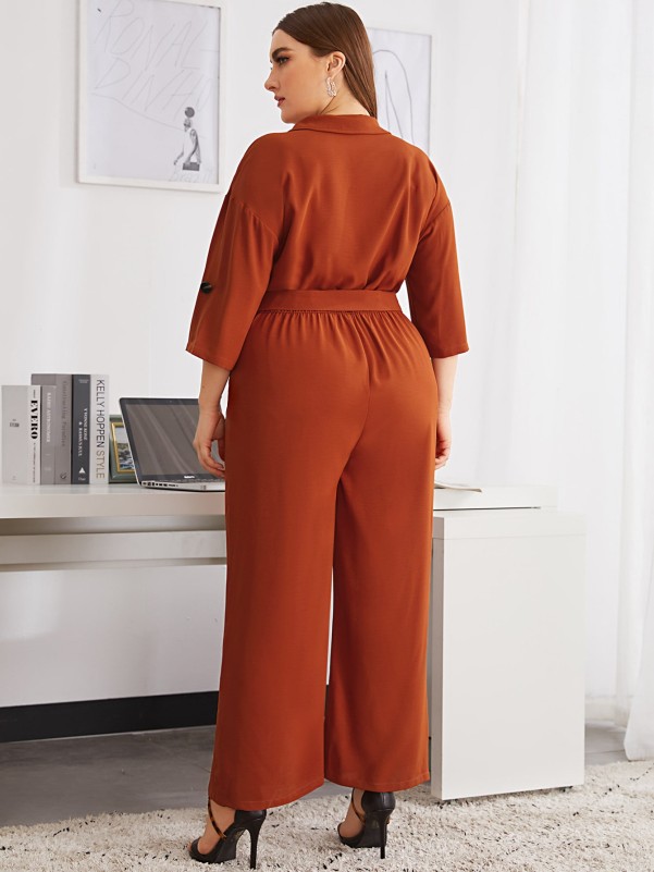 Plus Roll Tab Sleeve Flap Pocket Belted Jumpsuit