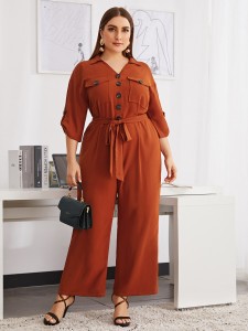 Plus Roll Tab Sleeve Flap Pocket Belted Jumpsuit