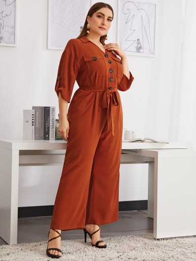 Plus Roll Tab Sleeve Flap Pocket Belted Jumpsuit