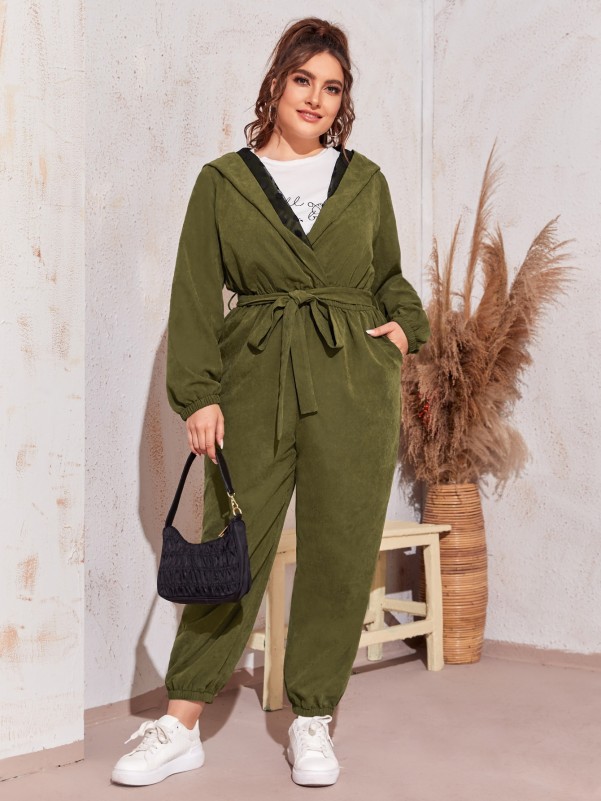 Plus Dobby Mesh Lining Slant Pocket Self Belted Hooded Jumpsuit