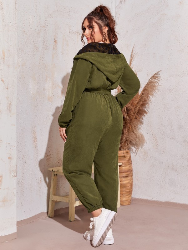 Plus Dobby Mesh Lining Slant Pocket Self Belted Hooded Jumpsuit