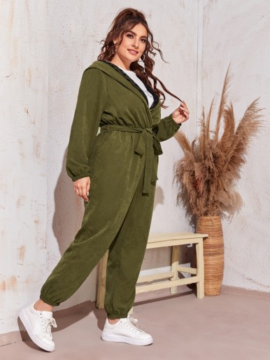 Plus Dobby Mesh Lining Slant Pocket Self Belted Hooded Jumpsuit