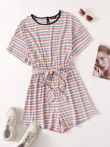 Plus Rainbow Striped Self Belted Romper