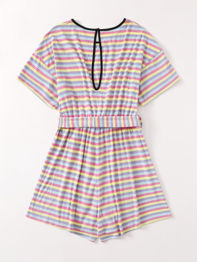 Plus Rainbow Striped Self Belted Romper