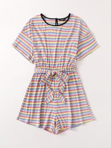 Plus Rainbow Striped Self Belted Romper