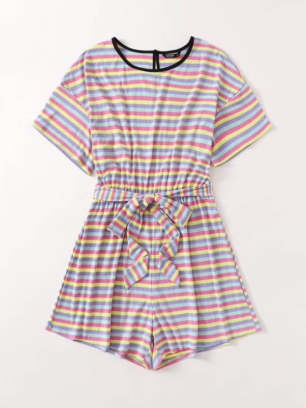 Plus Rainbow Striped Self Belted Romper