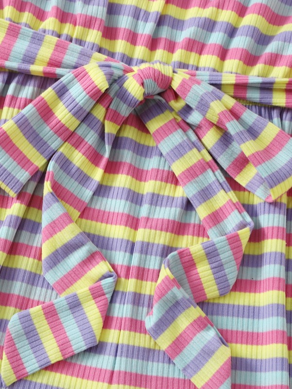 Plus Rainbow Striped Self Belted Romper