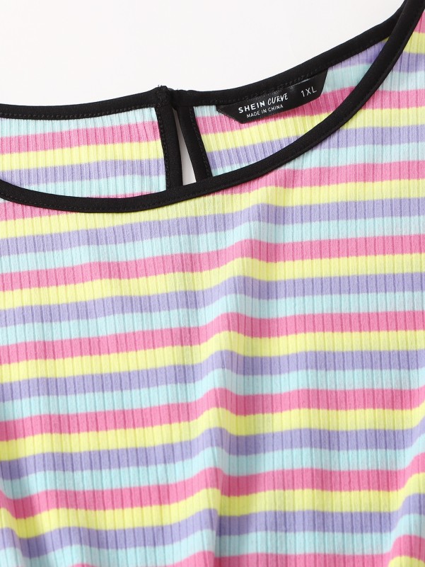 Plus Rainbow Striped Self Belted Romper