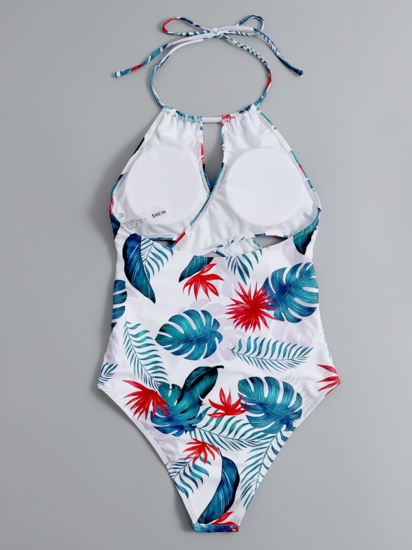 Tropical Crisscross Halter One Piece Swimsuit