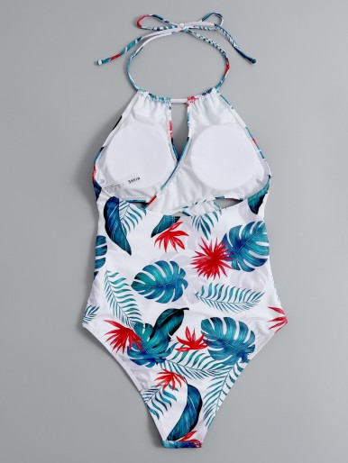 Tropical Crisscross Halter One Piece Swimsuit