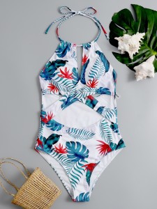 Tropical Crisscross Halter One Piece Swimsuit