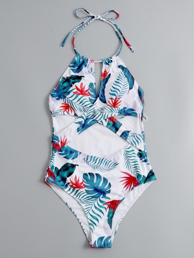 Tropical Crisscross Halter One Piece Swimsuit