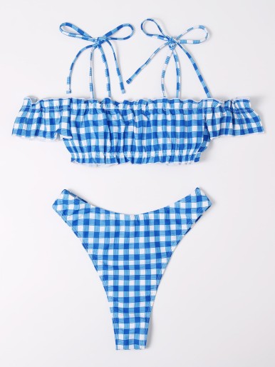 Plaid Ruched Tie Shoulder Bikini Swimsuit