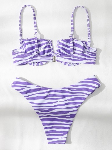 Striped V Wired Underwire Bikini Swimsuit