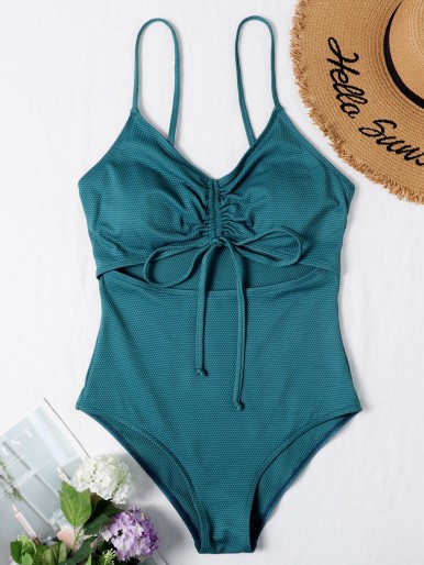 Cut-out Ruched Tie Front One Piece Swimsuit