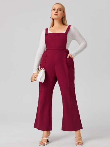 Plus Double Button Slant Pocket Overall Jumpsuit